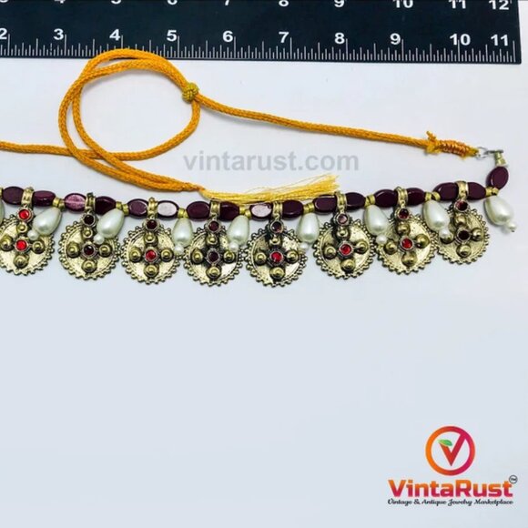 Pearls and Beads Jewelry Set, Handmade Coins Jewelry Set With Glass Stones, - Picture 8 of 12